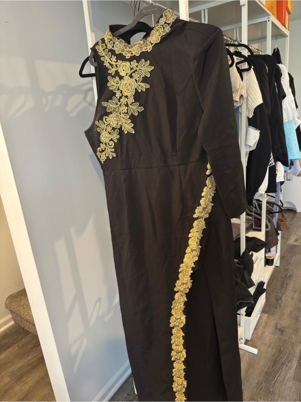 Black Dress with Gold Floral Appliqué - Elegant Evening Dress